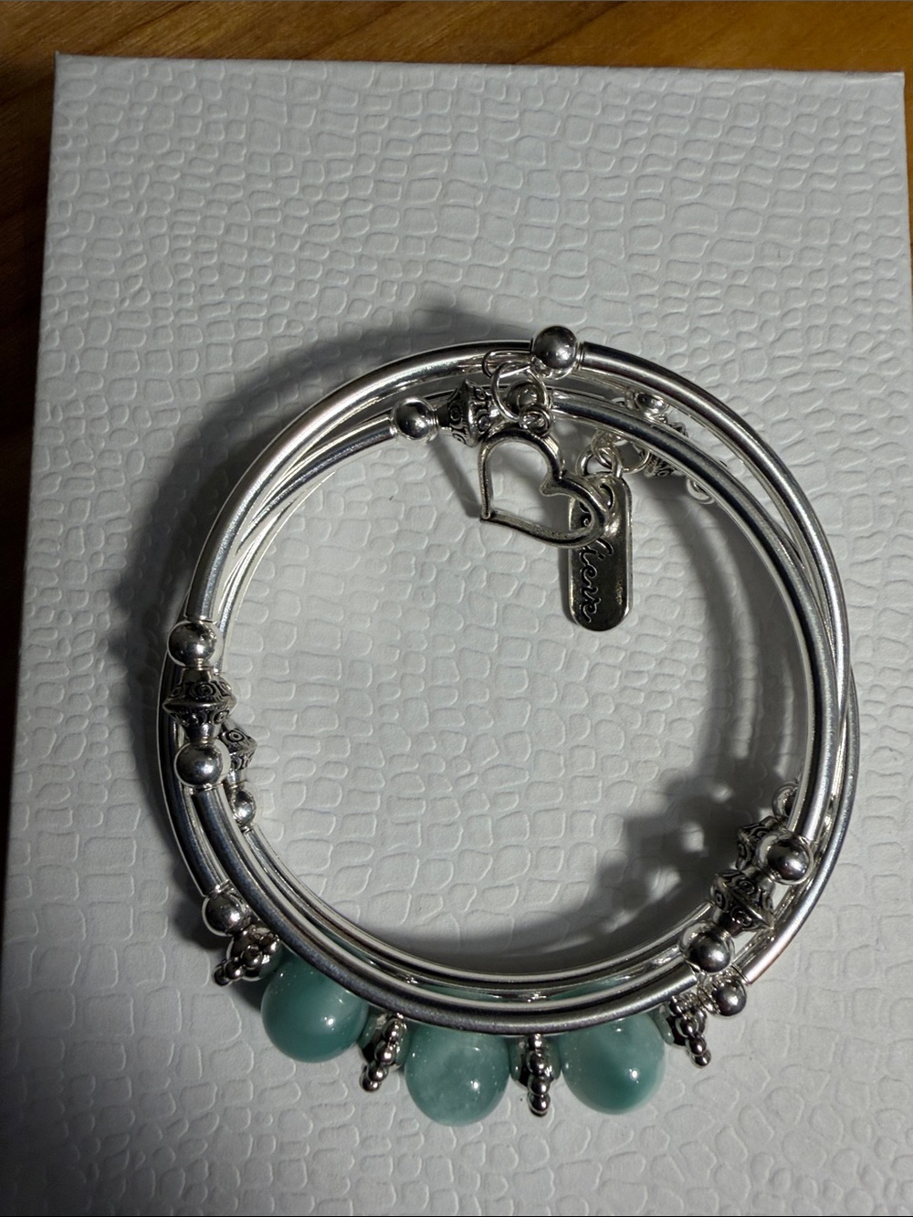 Silver-Tone Bracelet Stack with Seafoam Green Beads and Heart Charm